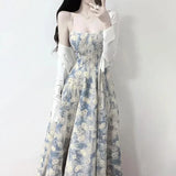 Dress Women Chic French Style Blue Oil Painting Skirt  Floral Waist-fitted Tank Frock Long Sling For Female MartLion   