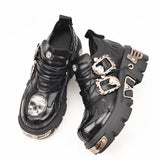 Men's Leather Motorcycle Boots Flame Skull Vintage Ankle Boots Punk Shoes Metal Low-Top Platform Cowboy White MartLion Skeleton Black 35 