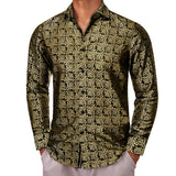 Designer Shirts Men's Silk Long Sleeve Gold Black Flower Slim Fit Blouses Casual Formal Tops Breathable Barry Wang MartLion   