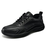 Casual BLack Genuine Leather Shoes Men's Breathable Outdoor Sneakers Adult Athletic Walking Mart Lion black hollow out 37 