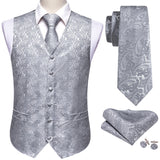 Barry Wang Men's Classic White Floral Jacquard Silk Waistcoat Vests Handkerchief Party Wedding Tie Vest Suit Pocket Square Set Mart Lion BM-2529 L 