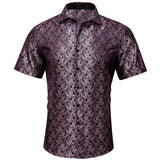 Barry Wang Luxury Purple Floral Men's Summer Silk Casual Shirt Stylish Lapel Pattern Short Sleeve Shirt Blouse Fit MartLion CY-0223 S 
