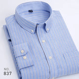 Men's Striped Plaid Oxford Spinning Casual Long Sleeve Shirt Breathable Collar Button Design Slim Dress MartLion Y-4 Blue Stripe 38 - M 