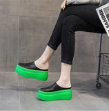 8cm Women Shoes Mules Genuine Leather White Black Platform Sandals Slippers Slides Summer Wedge MartLion   