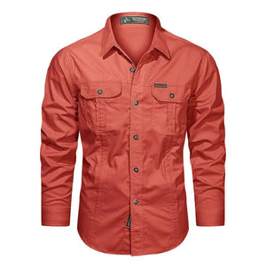 Autumn Coton Shirts for Men's Long Sleeve Multi-Pocket Cargo Shirt Solid Color Casual Outdoor Colthing MartLion red M CHINA