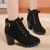 Black Chunky Heeled Women's Ankle Boots Autumn Metal High Heels Shoes Woman Lace Up Platform MartLion   