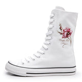 Mid Length Women's Shoes with Front Lace Up Side Zipper Rose Pattern Casual Student Board MartLion white 38 