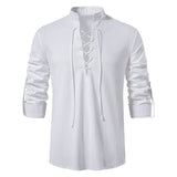 Men's Casual Blouse Cotton Linen Shirt Tops Long Sleeve Tee Shirt V-neck shirt Vintage Thin Mart Lion white S China|No