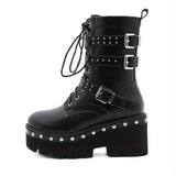 Women's Black Side Zipper Platform Boots Round Toe Lace Up Buckle Shoes MartLion   