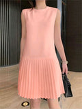 Summer Women Sleeveless Mini Dress Solid Pleated Short Dresses  Party MartLion   