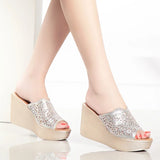 Silver Rhinestone Floral Wedding Shoes Women High Heels Summer Chunky Platform Wedges Slippers Office MartLion   