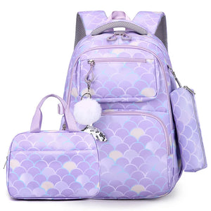 3pcs/Set Fish Scale Print Kid Backpack With Mermaid pendant Girl waterproof School Bag Children Schoolbag  For teenage girls MartLion puirple  