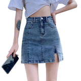Women  Denim Mini Skirt Hot Girl Tight Bag Hip Skirts Female Slim Short Split Skirts MartLion Denim blue M 