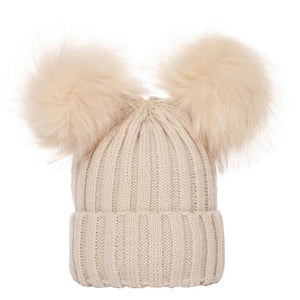 Winter Women Beanie Hats Faux Fur Ball Mother Kids Hats for Girls Boys Warm Knitted Bobbles Woman Cap Teenager Grils Beanies MartLion Beige Kids(0-3Y) 