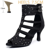 Hollow Out Modern Dance Jazz Boots Women's High Heels with Diamonds Indoor Soft Sole High Top Latin Dance Shoes MartLion Black 7.5cm 37 