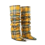  Color Blocking Plaid Pleated Sleeve Long Boots for Women with Slim High Heels and Seasonal MartLion - Mart Lion