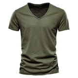 Cotton Men's T-shirt V-neck Design Slim Fit Soild Tops Tees Short Sleeve MartLion F037-V-ArmyGreen Size M 55-65kg 