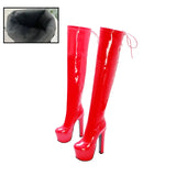 Rimocy Women Platform Over The Knee Boots 17CM Super High Heels Red Patent Leather Long Winter Black Shoes MartLion Redplush 33 