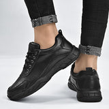 Casual BLack Genuine Leather Shoes Men's Breathable Outdoor Sneakers Adult Athletic Walking Mart Lion   