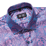 Hi-Tie Men's Silk Shirts Jacquard Paisley Floral Long Sleeve Lapel Shirt Blouse Outerwear Wedding Office Breathable MartLion CY-1029 S 