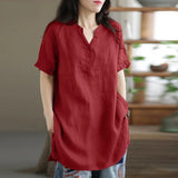 Women Solid Color Longer Shirt Summer V Neck Pullover Button  Blouse Female MartLion   