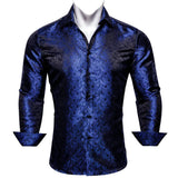 Luxury Blue Shirts Men's Solid Satin Embroidered Paisley Flower Long Sleeve Slim Fit Blouses Casual Lapel Tops Barry Wang MartLion   