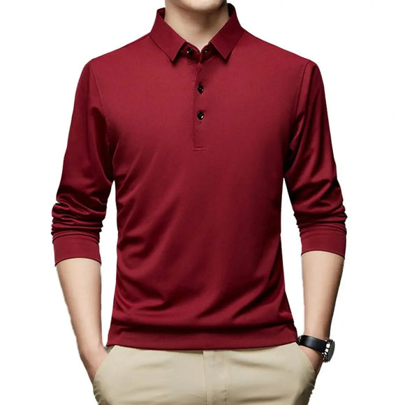 Buttons Neckline Long Sleeve Solid Color Men's Shirt Autumn Slim Fit Lapel Office Pullover Top MartLion   