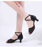 Black Breathable Latin Dance Shoes Women's High Heel Rubber Soft Sole Jazz Tango Salsa Party Ballroom Performance Sandals MartLion   