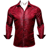 Silk Shirts Men's Red Burgundy Paisley Flower Long Sleeve Slim Fit Blouse Casual Lapel Clothes Tops Streetwear Barry Wang MartLion   