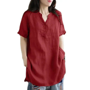 Women Solid Color Longer Shirt Summer V Neck Pullover Button  Blouse Female MartLion   