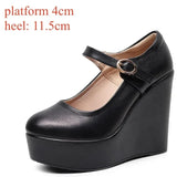 Genuine Leather Shoes Platform Wedges Mary Janes Women Spring High Heels Pumps for Office Model MartLion 11.5cm black buckle 36 