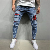 Men Jeans Knee Hole Ripped Stretch Skinny Denim Pants Solid Color Black Blue Summer MartLion J007X Blue XXL CHINA