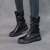 Ankle Boots Cow Leather Motorcycle Platform Wedge Winter Plush Knee High Women Shoes MartLion