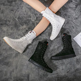 Casual Canvas Shoes Inner Zipper Flower Decorative Rubber Mid Barrel Elevated Women's Shoes MartLion   