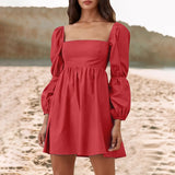 Dresses Women Gothic Clothes Square Neck Solid Color Mini Dress MartLion RD2-2 M 