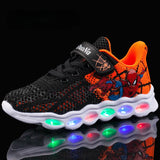 Spiderman Kids LED Lighting Shoes Boy Knitted Flashing Girls Running Red Baby Mesh Sneakers MartLion Orange D 25-Insole 15.8 cm 