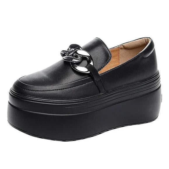 8CM Genuine Leather Walking Height Increasing Loafers Ladies Casual Platform Wedge Women Slip on Shoes MartLion Black 34 