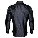 Barry Wang Luxury Black Paisley Silk Shirts Men's Long Sleeve Casual Flower Silver Shirts Designer Fit Dress MartLion   