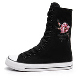 Mid Length Women's Shoes with Front Lace Up Side Zipper Rose Pattern Casual Student Board MartLion black 34 