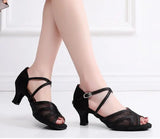 Black Mesh Latin Dance Shoes Hollow Breathable Indoor Dance Training High-heeled Sandals Tango Jazz Party Ballroom Performance MartLion   