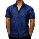 Barry Wang Men's Shirts Short Sleeve Silk Embroidered Red Green Blue Purple Gold Paisley Slim Fit Casual Blouses Lapel Tops MartLion 0225 S 