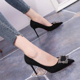 Women Mid Heeled Sandals Black Square Buckle Pointed Thin Heeled Baotou Banquet High Heeled Shoes MartLion   