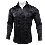 Barry Wang Men's Shirts Black Floral Silk Embroidered Long Sleeve Slim Causal Turn Down Breathable Colorfast Clothing Tops MartLion   