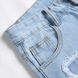 Streetwear Summer Men's Holes Patch Spliced Denim Shorts Stylish Solid Casual Straight Jean Five-point Pants MartLion   