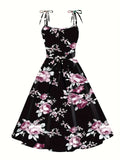 Summer women's plant printed dresses with woven frock MartLion black 1XL 