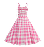 Women's Summer Dress Retro Pink Plaid Gown Christmas Party Clothes Robe Waisted Dress MartLion   