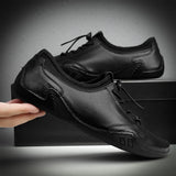 Men's Shoes Genuine Leather Lace Up Luxury Loafers Sneakers Solid Color Black Breathable Casual Mart Lion   