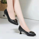 Women Casual Sweet Beige Patent Leather Spring Slip on High Heel Shoes Lady Office Black MartLion   