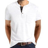 Summer Henley Collar T-Shirts Men's Short Sleeve Casual Tops Tee Solid Cotton Mart Lion white S 60-70kg 
