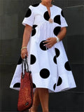 Women Midi Shirts Dress  Summer Short Sleeves Black and White Polka Dot Daily Casual Simple Female  Dresses MartLion   